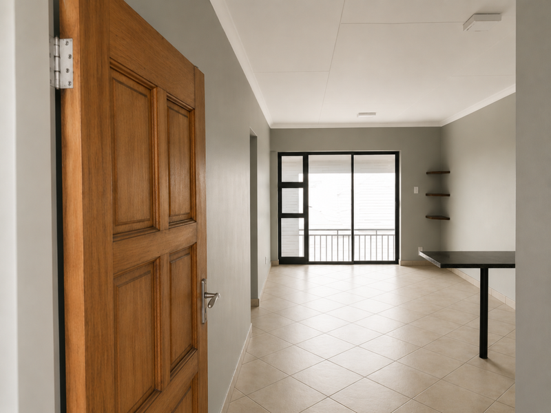 An open-plan living area featuring neutral tiled flooring, built-in wall shelving, a fixed breakfast bar, and large sliding glass doors leading to a balcony.