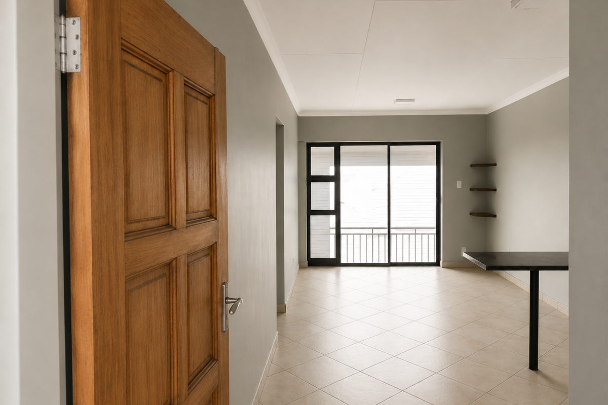 An open-plan living area featuring neutral tiled flooring, built-in wall shelving, a fixed breakfast bar, and large sliding glass doors leading to a balcony.