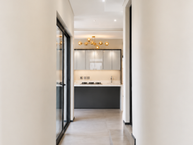 A modern, minimalist hallway with neutral tiled flooring and recessed ceiling lighting, leading towards a contemporary kitchen area with sleek cabinetry.
