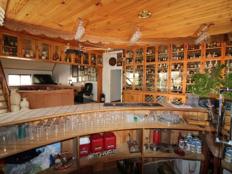A dedicated home bar area featuring extensive custom timber cabinetry, glass-fronted display shelving, and a large built-in bar counter with a timber-clad ceiling.