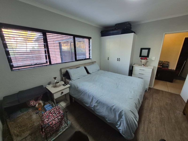 A functional bedroom featuring built-in wardrobe storage, laminate flooring, and large windows with venetian blinds for natural light control.