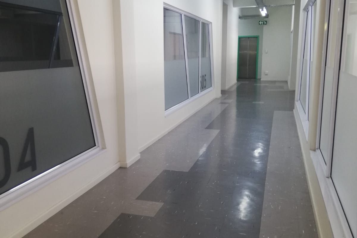 A clean, well-lit office hallway featuring modern vinyl flooring, aluminum-framed glass partitions, and industrial-style overhead lighting.