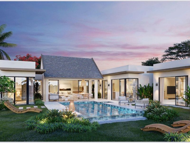 A modern architectural rendering of a luxury villa featuring a central swimming pool, landscaped garden, and seamless indoor-outdoor living spaces with large sliding glass doors.