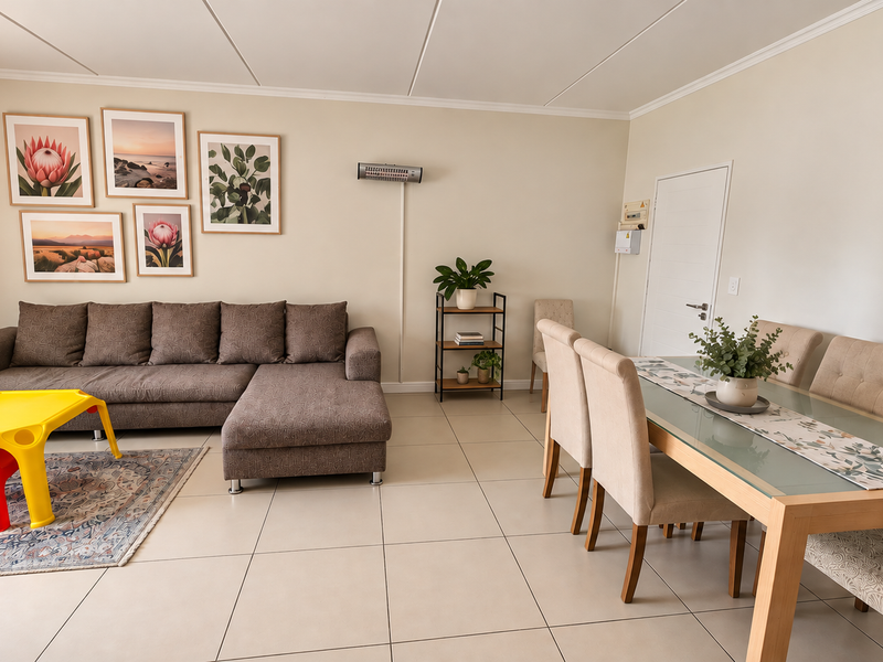An open-plan living and dining area featuring neutral tiled flooring, a wall-mounted heater, and a bright, functional layout.