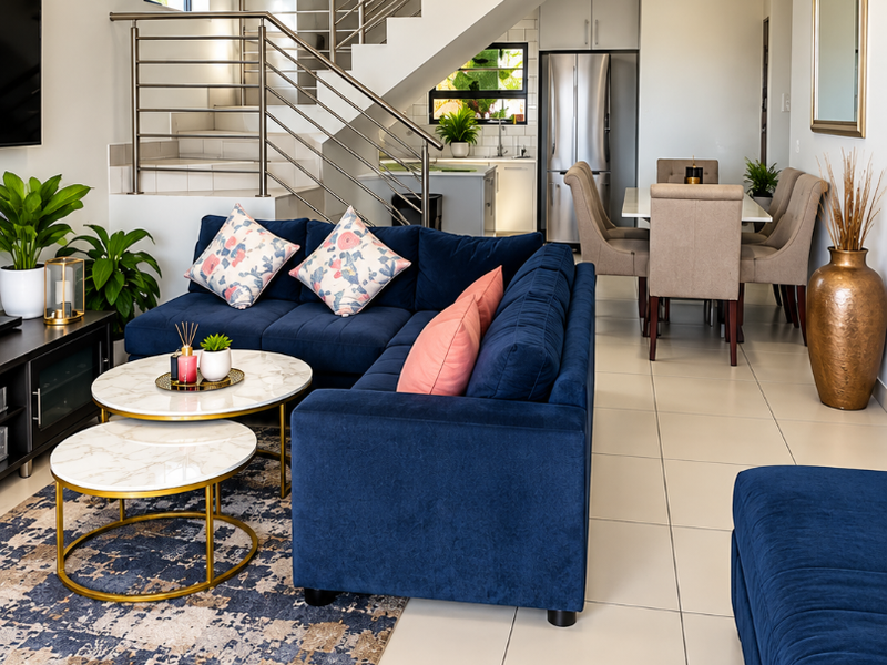 A modern open-plan living and dining area featuring tiled floors, a contemporary staircase with stainless steel railings, and a sleek integrated kitchen.