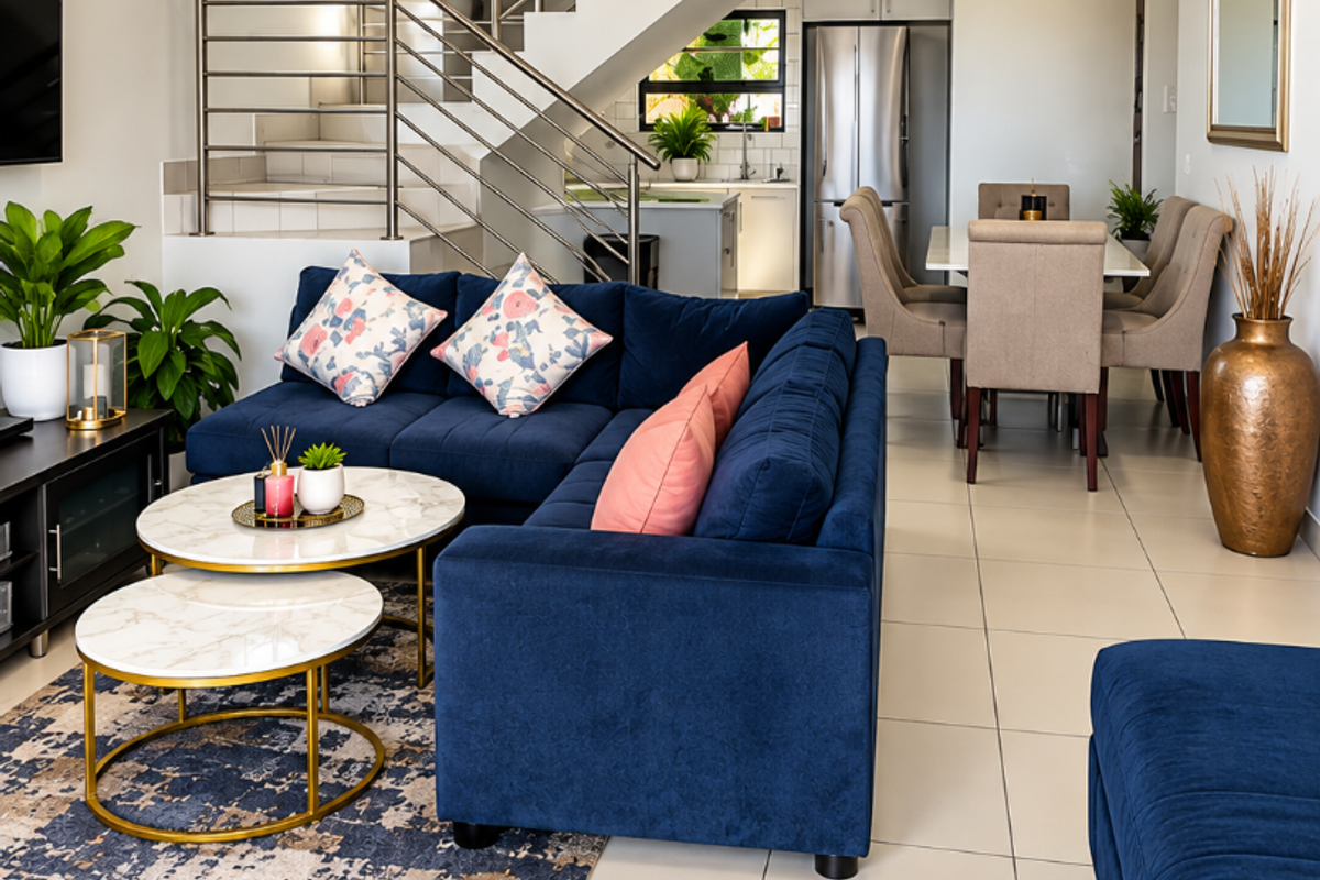 A modern open-plan living and dining area featuring tiled floors, a contemporary staircase with stainless steel railings, and a sleek integrated kitchen.