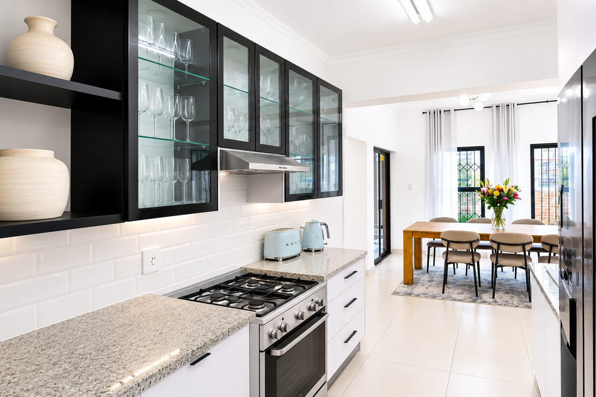 Modern open-plan kitchen featuring stone countertops, subway tile backsplash, gas cooktop, and sleek cabinetry, flowing seamlessly into the adjacent dining area.