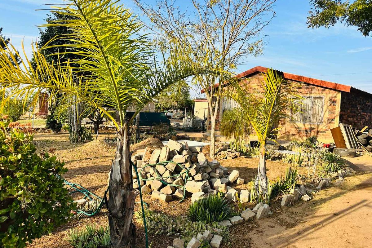 Rear view of a brick house featuring a large garden area with palm trees and visible construction debris on the property grounds.