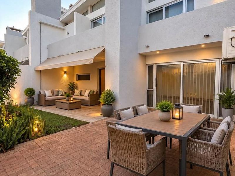 A well-maintained rear patio area featuring a paved terrace, retractable awning, and direct access to the interior through sliding glass doors.