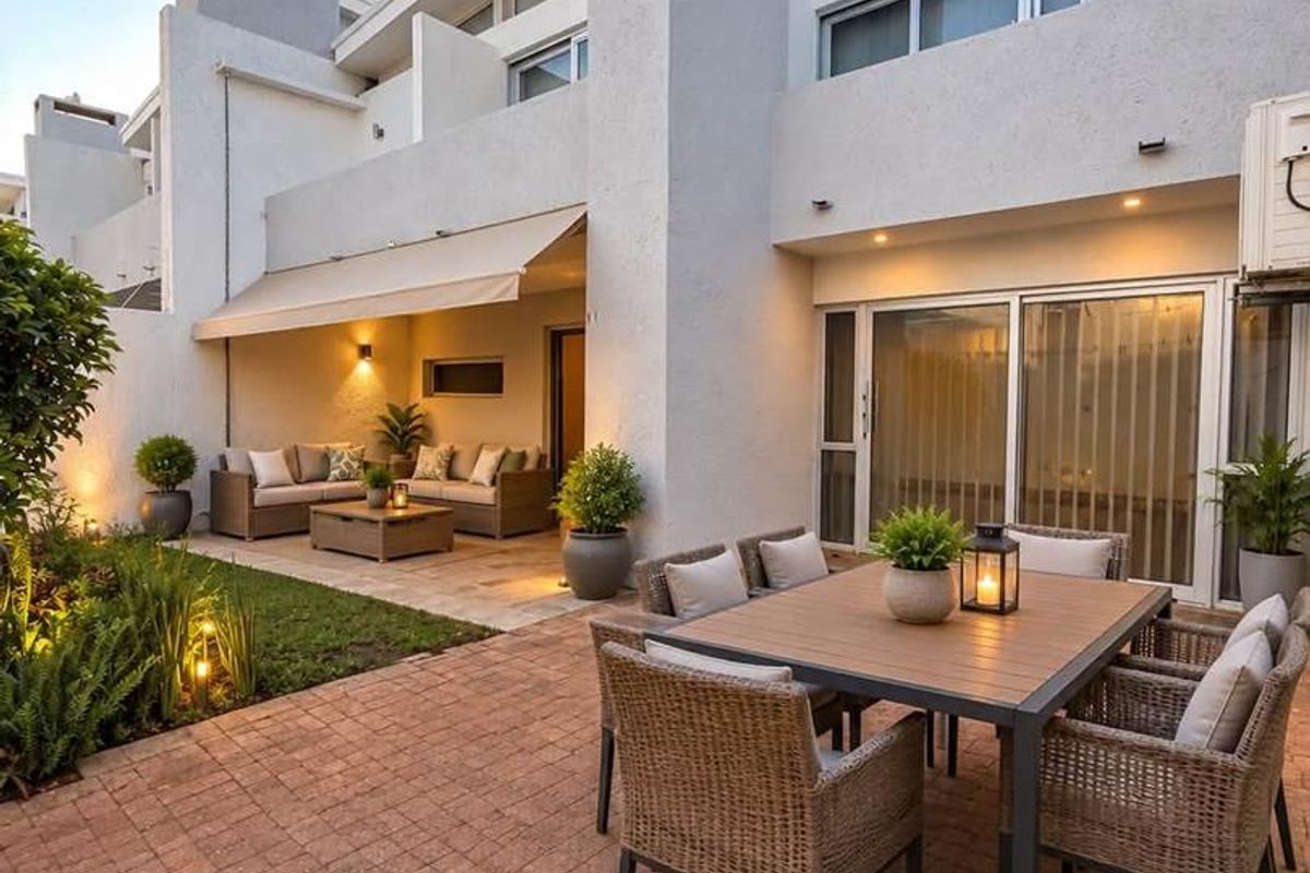 A well-maintained rear patio area featuring a paved terrace, retractable awning, and direct access to the interior through sliding glass doors.