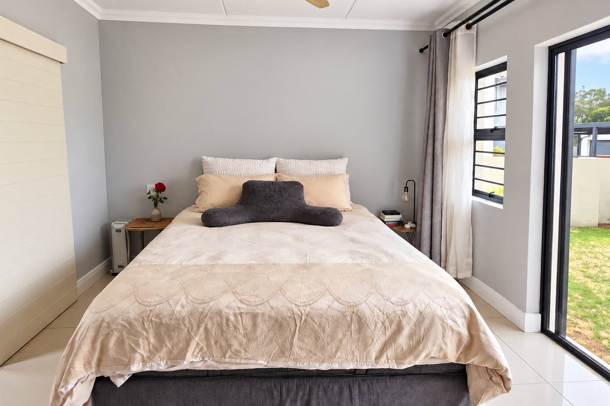 A well-maintained bedroom featuring neutral walls, tiled flooring, and a large sliding door providing direct access to the garden area.