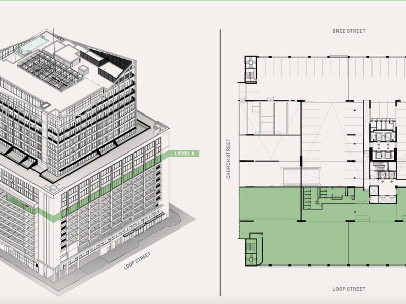 An architectural floor plan and isometric view of the office building, highlighting the layout and positioning of level 8.