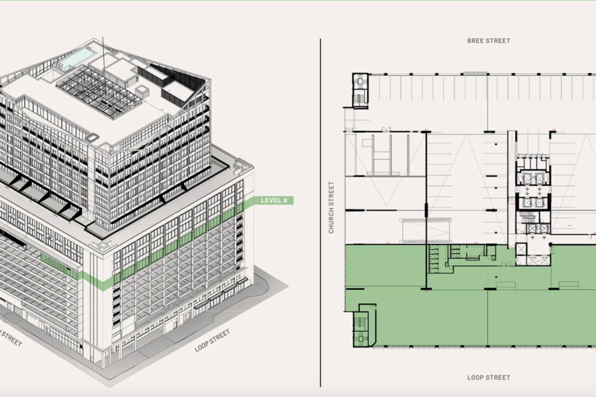 An architectural floor plan and isometric view of the office building, highlighting the layout and positioning of level 8.