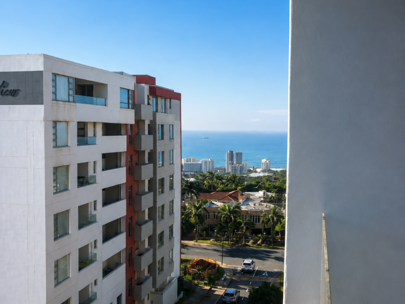 Elevated view from a balcony overlooking the street, surrounding apartment buildings, and the ocean in the distance.