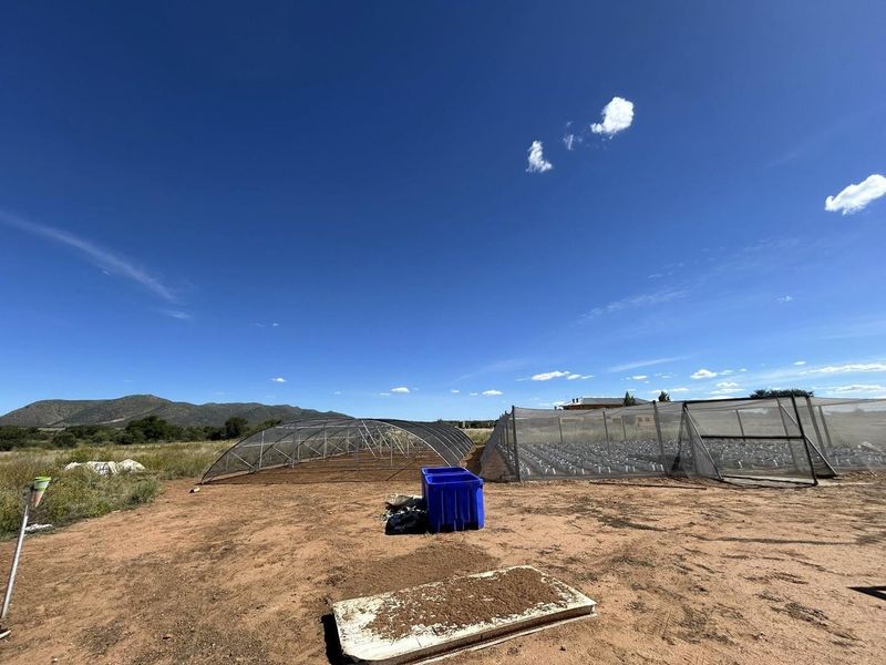 Outdoor small holding area featuring multiple greenhouse structures and shade netting installations set against a rural landscape.