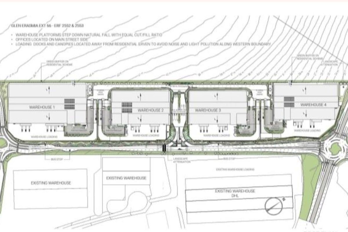 Architectural site plan showing the layout of four industrial warehouses with designated loading docks, canopies, and landscaped attenuation areas.