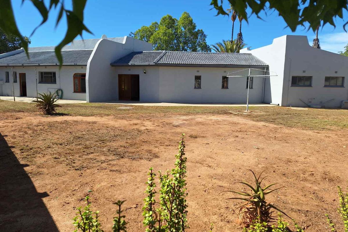 Rear view of the house featuring a paved patio area, tiled roof, and a spacious backyard with established garden elements.