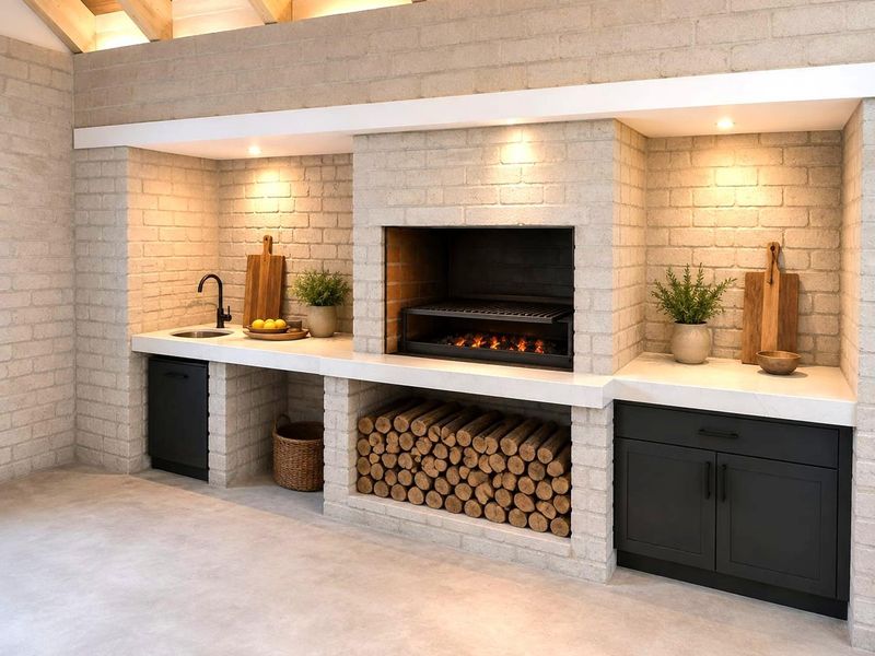 A modern covered patio area featuring a built-in braai, stone countertops, integrated cabinetry, and a sink, set against an exposed brick wall.