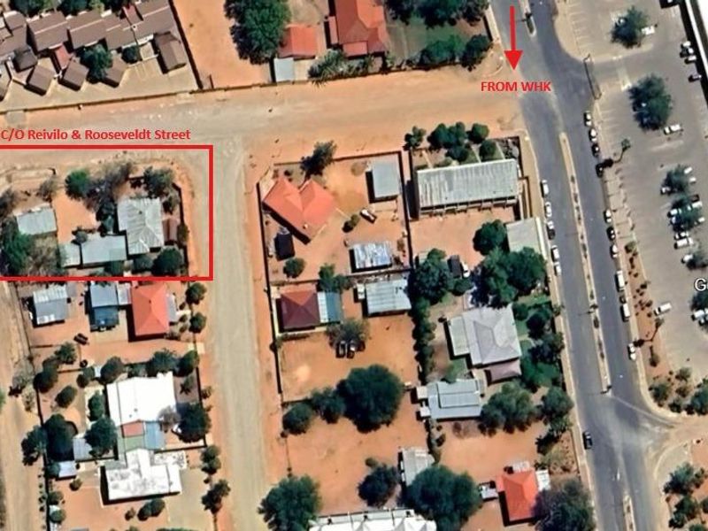 Aerial view showing the property location at the corner of Reivilo and Roosevelt Street, situated near the Gobabis Shopping Mall.