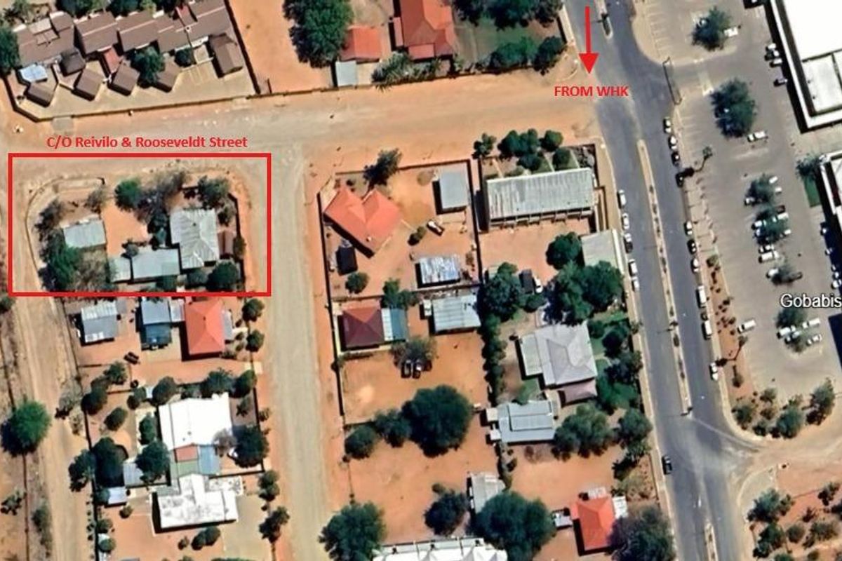 Aerial view showing the property location at the corner of Reivilo and Roosevelt Street, situated near the Gobabis Shopping Mall.