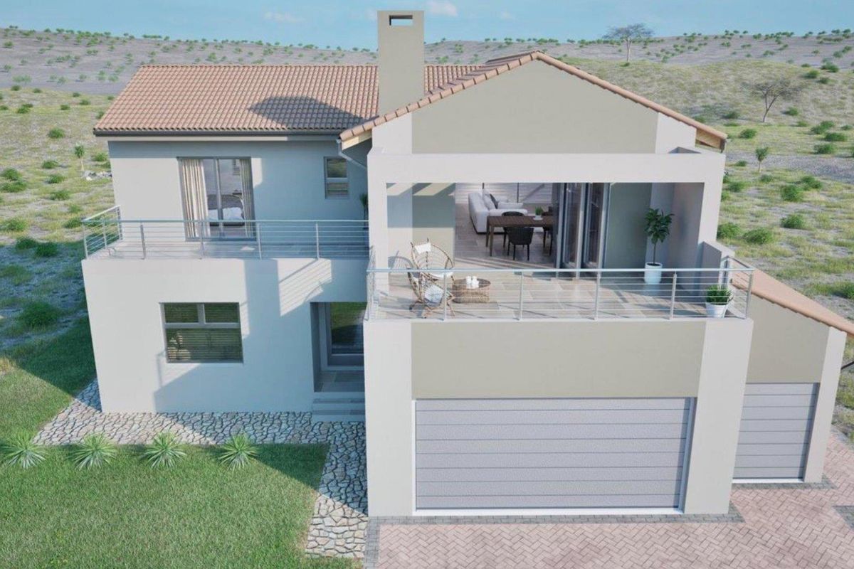 An aerial view of a modern two-story house featuring a balcony, tiled roof, and integrated garage, set within a landscaped residential environment.