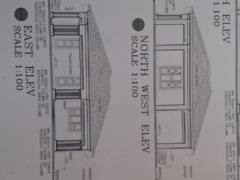 Architectural floor plan and elevation drawings for a proposed new residential house construction.