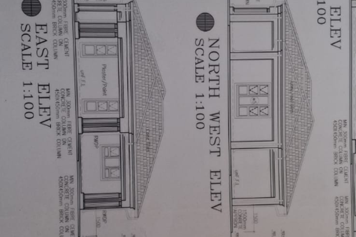 Architectural floor plan and elevation drawings for a proposed new residential house construction.
