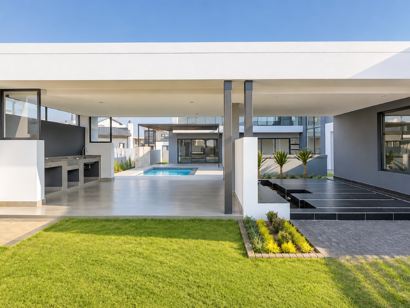 Spacious modern covered patio featuring a built-in braai, outdoor sink, and seamless transition to the swimming pool and landscaped garden area.