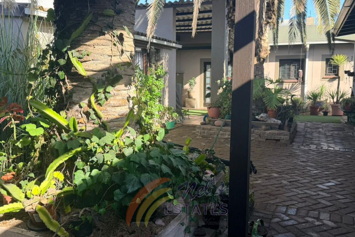 A private courtyard area featuring brick paving, established palm trees, and direct access to the main dwelling structure.