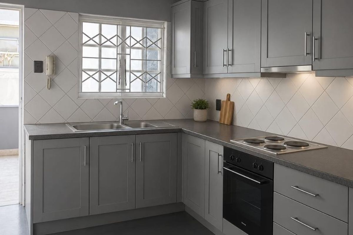 Modern kitchen featuring grey shaker-style cabinetry, integrated electric oven and hob, diamond-patterned wall tiles, and a functional layout with ample storage.