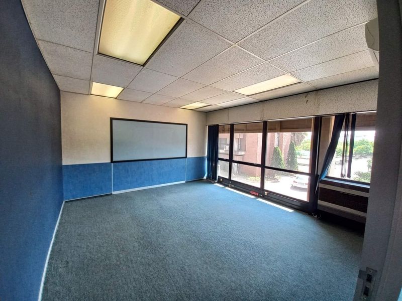 An empty office space featuring a drop ceiling with recessed lighting, large windows, and blue wall accents, suitable for a professional workspace.