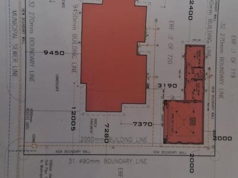 A detailed site plan showing boundary lines, building footprints, municipal sewer connections, and access gate specifications for the residential property.