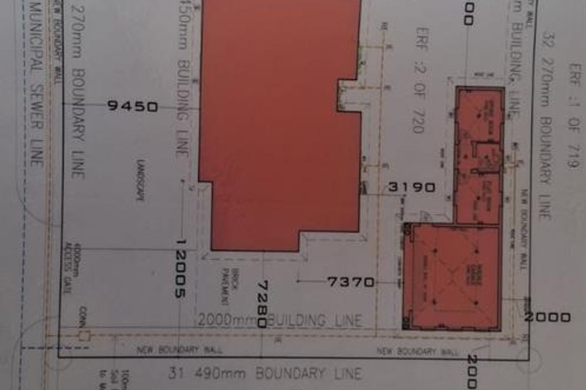 A detailed site plan showing boundary lines, building footprints, municipal sewer connections, and access gate specifications for the residential property.