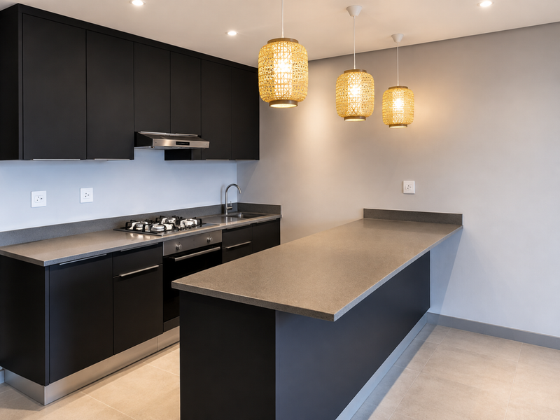 Modern kitchen featuring sleek black cabinetry, stone countertops, integrated gas hob, oven, extractor fan, and a functional breakfast island with stylish pendant lighting.