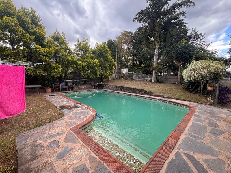 Outdoor pool area featuring a swimming pool with stone paving surround and established garden landscaping.