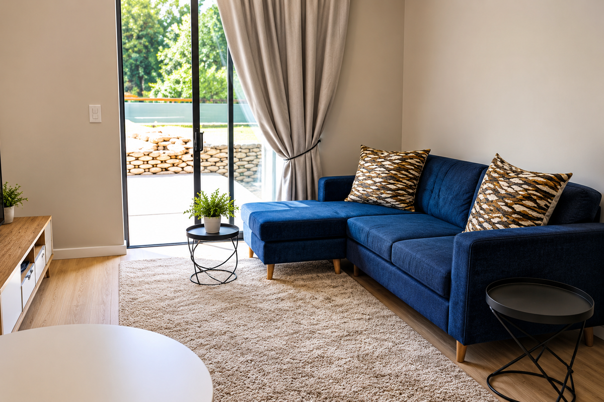 A bright living room featuring modern laminate flooring and a large sliding glass door providing access to an outdoor patio area.