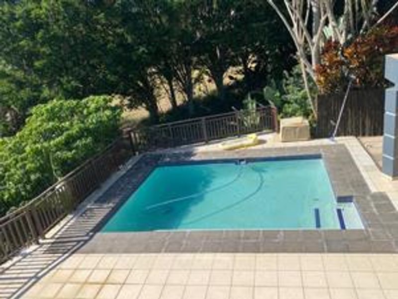 An elevated view of a rectangular swimming pool with tiled surround and metal safety balustrades, set against a backdrop of mature trees.