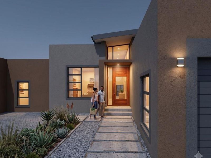 Modern front entrance featuring a timber door, concrete walkway, and contemporary exterior lighting, set against a sleek, minimalist facade.