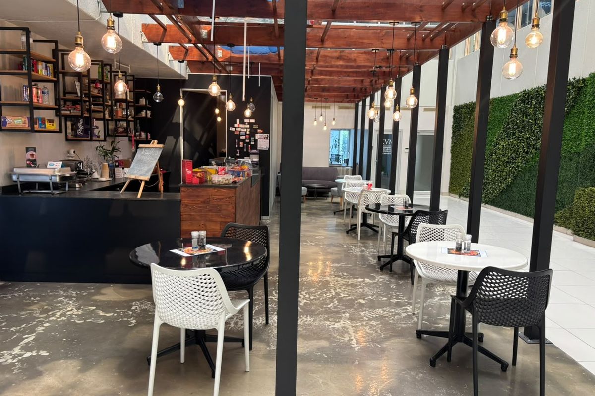 Open-plan office breakout area featuring a timber pergola, polished concrete floors, a vertical garden wall, and a built-in service counter.
