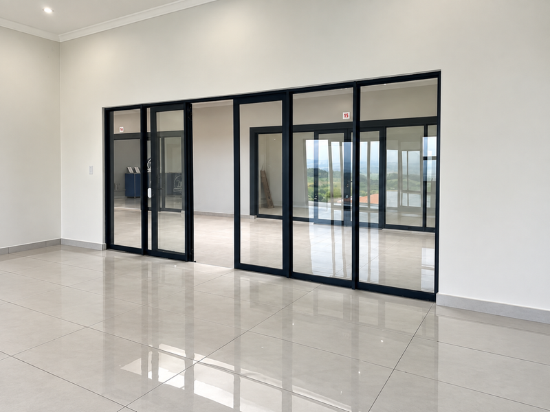 Modern, bright office space featuring large format polished floor tiles and expansive black-framed glass sliding doors offering views of the surrounding landscape.
