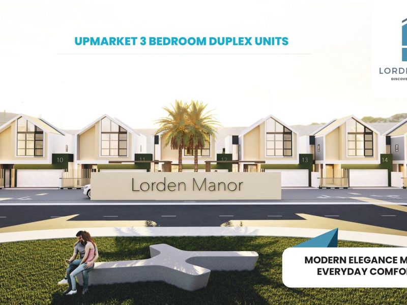 Architectural rendering of the Lorden Manor townhouse development, showcasing modern duplex units with garages and landscaped street frontage.