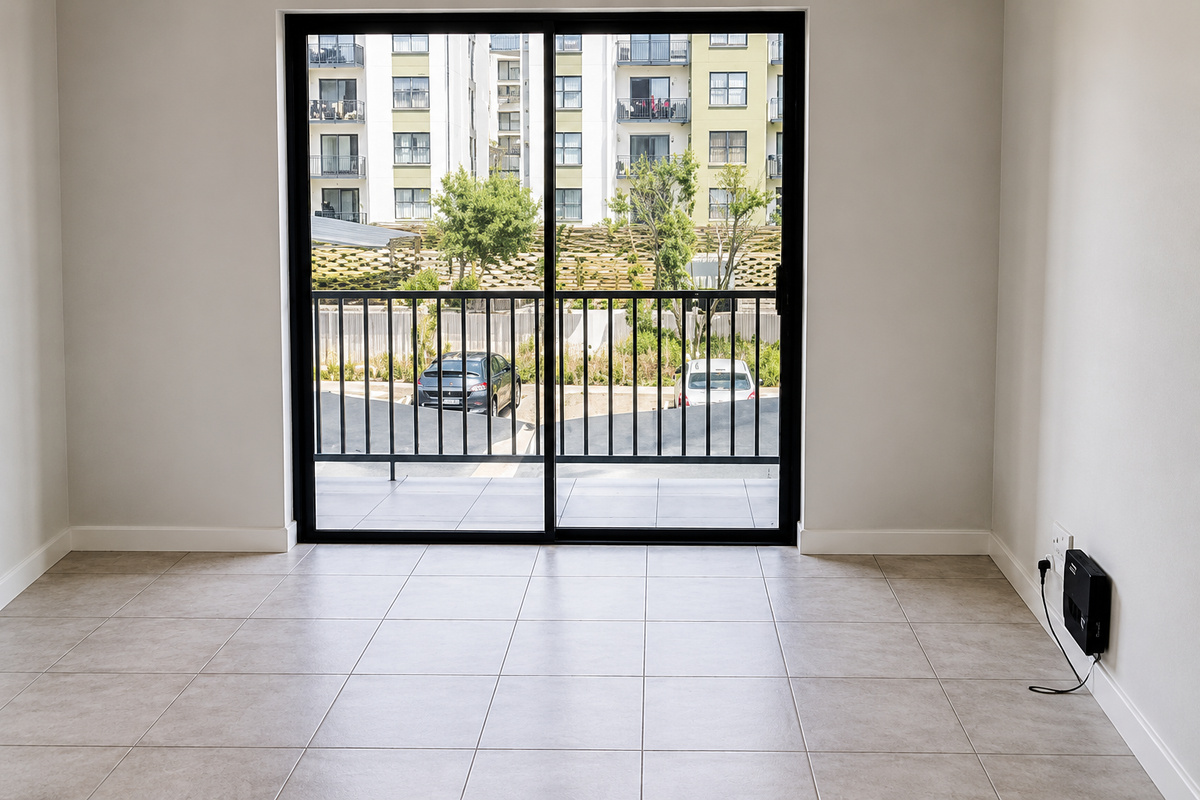 A bright, empty living area featuring neutral tiled flooring and a large sliding glass door leading to a balcony with an urban view.