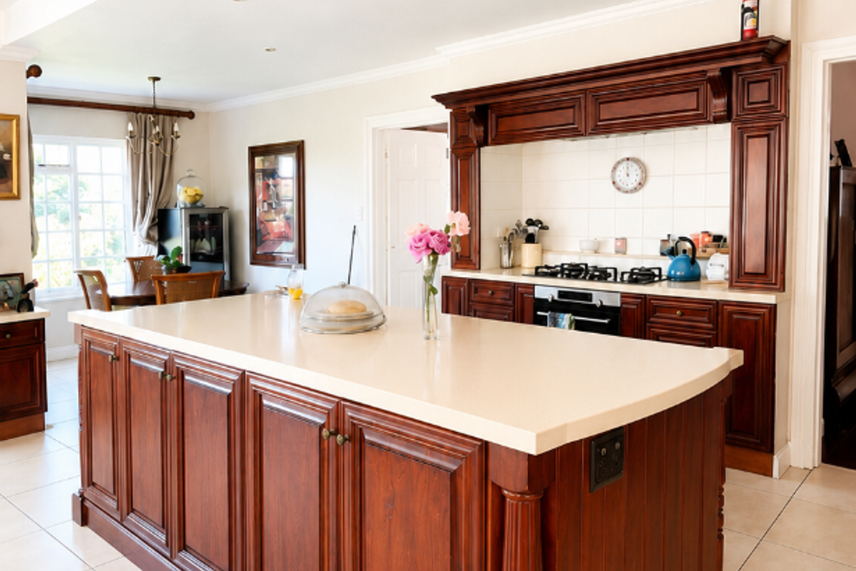 Spacious kitchen featuring a large central island with stone countertop, dark wood cabinetry, built-in gas hob, and tiled flooring.