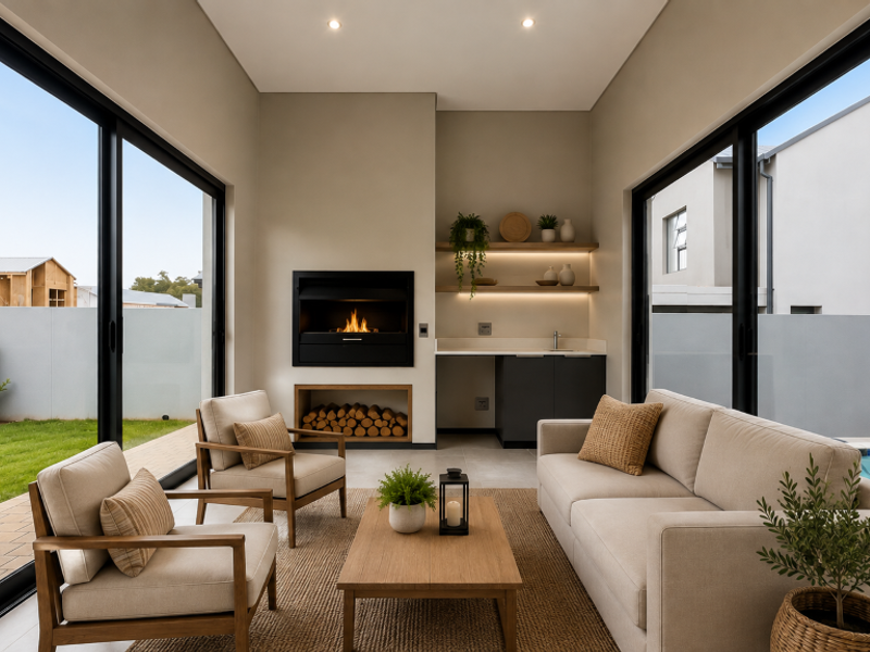 Modern living room featuring a built-in fireplace, integrated wet bar with cabinetry, and expansive sliding glass doors opening to the garden and pool area.