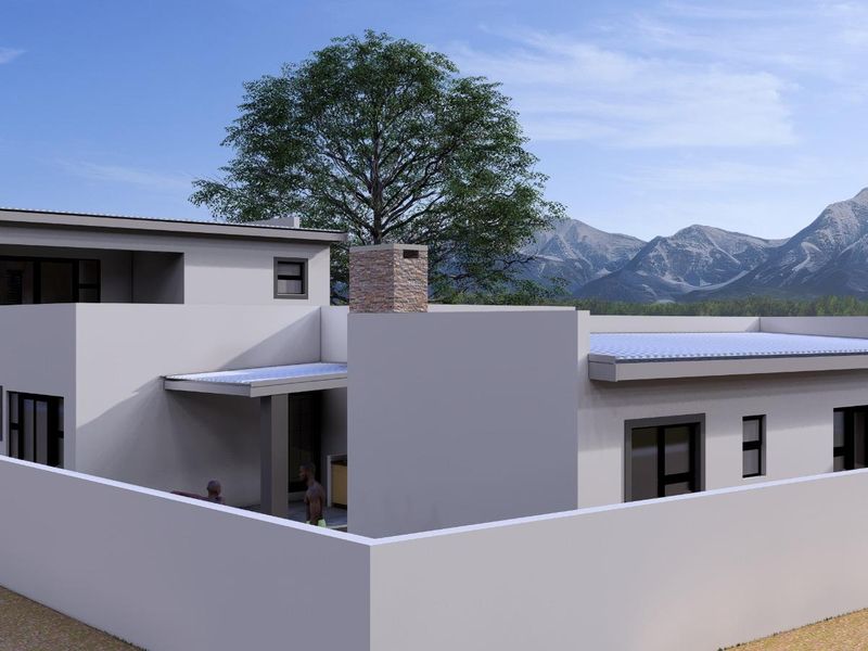 A modern architectural rendering of the rear exterior of a house, featuring a stone chimney, flat roof design, and a private patio area.