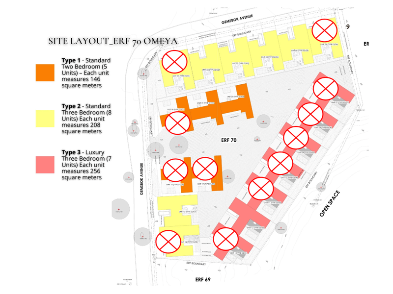 Site layout plan for Erf 70 Omeya, detailing the positioning and unit types of the townhouse development.