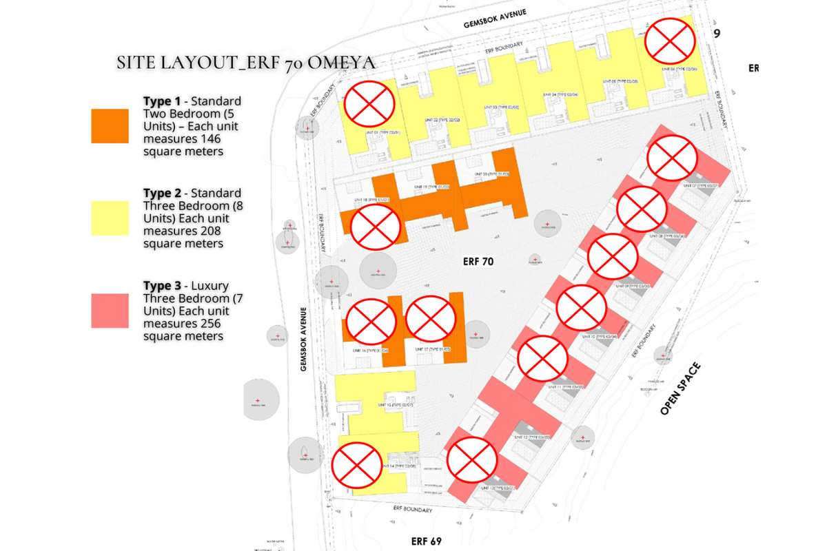 Site layout plan for Erf 70 Omeya, detailing the positioning and unit types of the townhouse development.