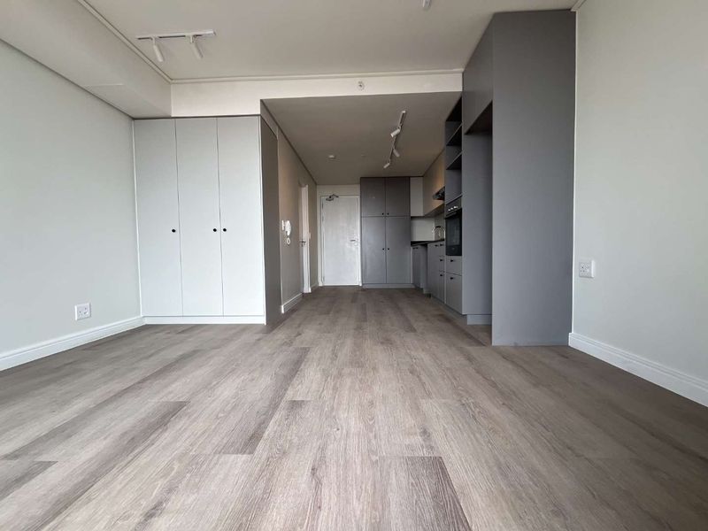 Modern open-plan living area featuring light wood-look laminate flooring, built-in storage cabinetry, and a sleek, compact kitchen with integrated appliances.