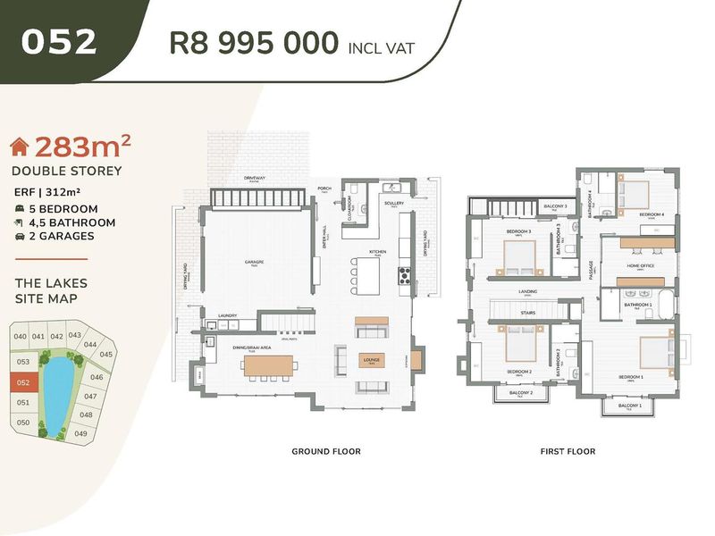 A detailed architectural floor plan for a 283m2 double-storey house featuring five bedrooms, 4.5 bathrooms, and a double garage.