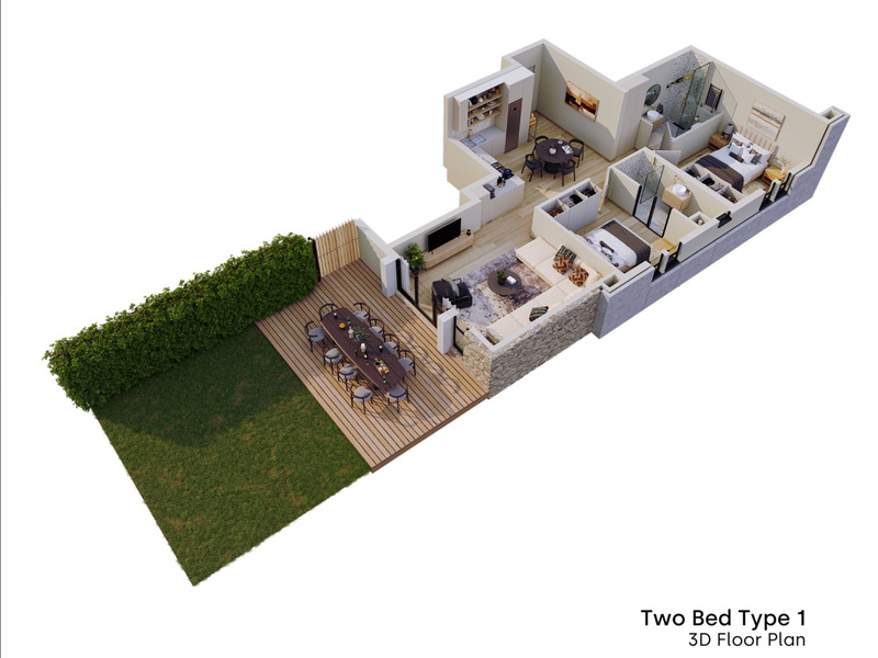 A detailed 3D floor plan showing a two-bedroom apartment layout with an open-plan living area, kitchen, two bathrooms, and an outdoor timber deck.
